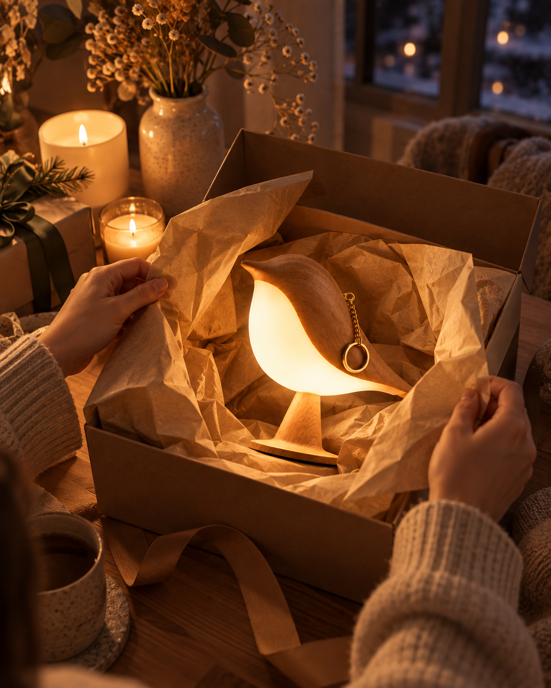 Fågellampa packas upp som present