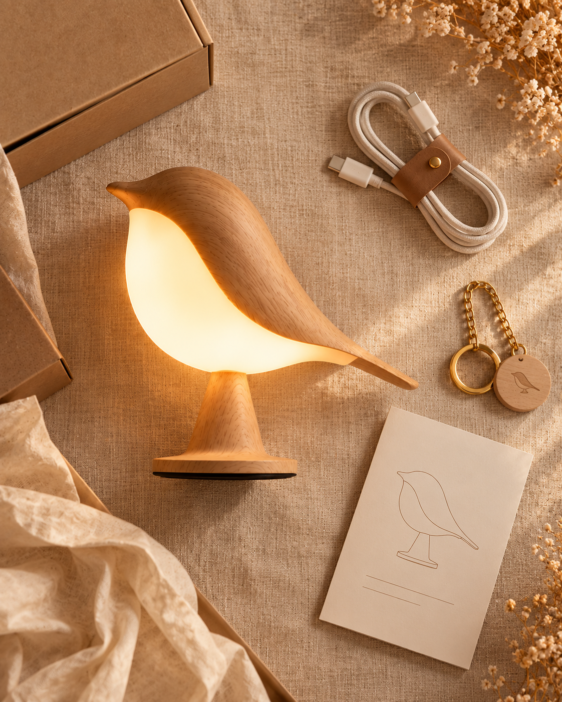 Det här ingår: lampa, USB-kabel, nyckelring och bruksanvisning